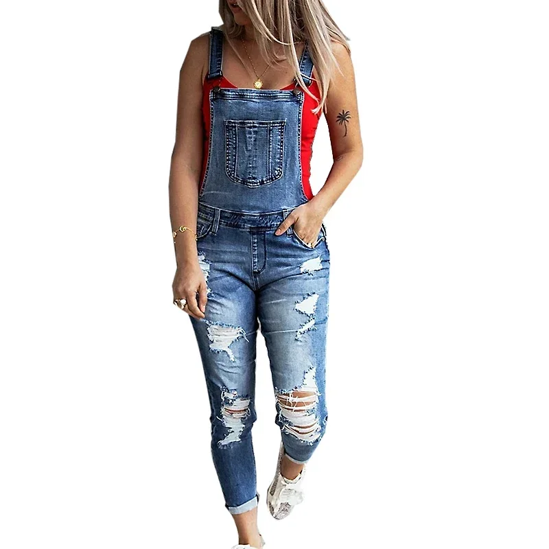 Body Jewelry Plus - Women Sexy Ripped Hole Denim Jumpsuit